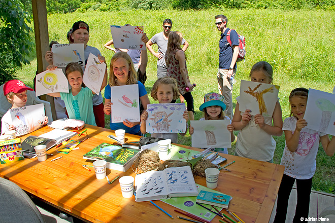 Young Birders and their drawings of bird nests.  Photo by Adrian Binns.